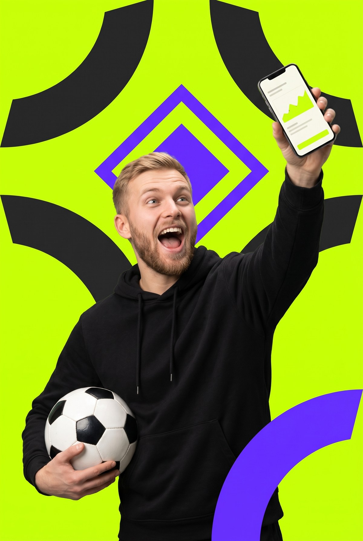 Spiller jubler med telefonen i været foran Børsball-merket i lime og lilla